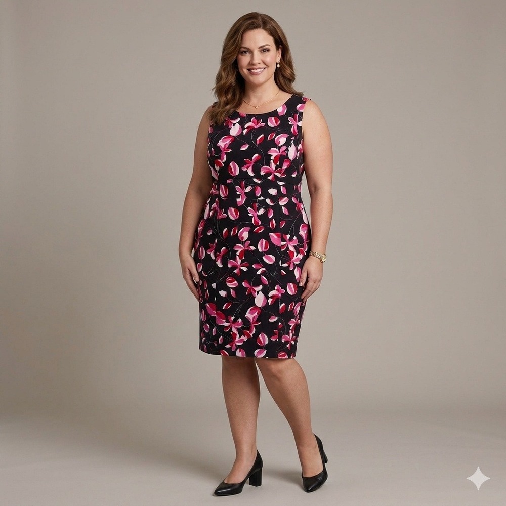 Kasper Sheath Dress Women 16 Black Pink Floral Sleeveless Career Knee Length